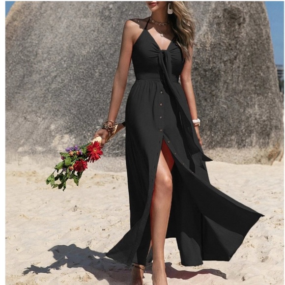 Boho Black Knot Front Tie Back Maxi Halter Dress - Picture 4 of 4
